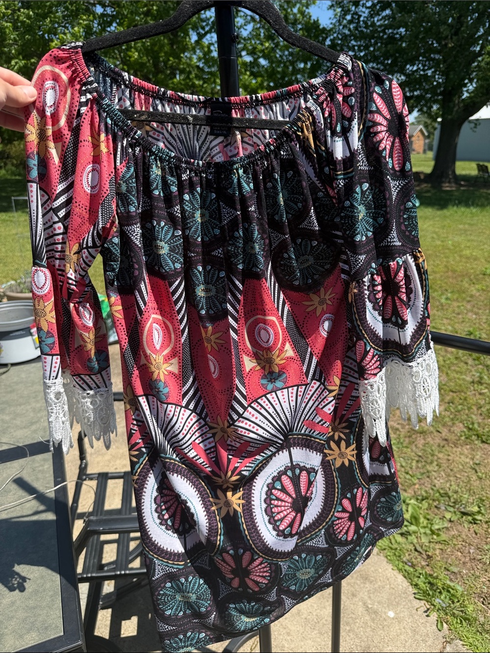WinWin Boho Off-Shoulder Tunic in Pink, Black, White & Teal (XL)